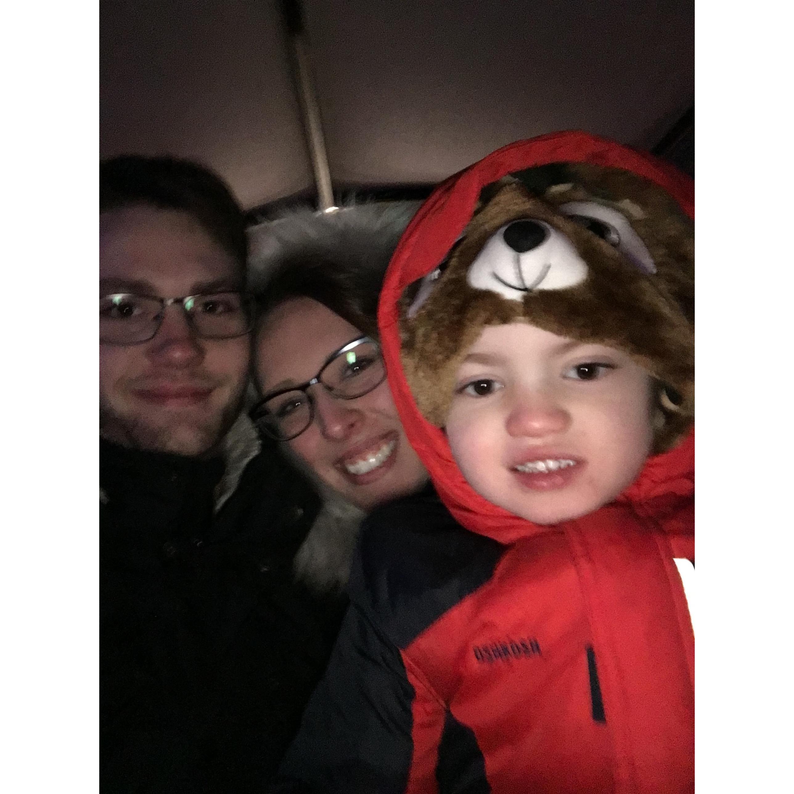 1st Photo of the three of us. We were on a horse drawn sleigh ride through town.