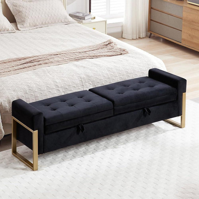 AEMEIOS 67" End of Bed Storage Bench for Bedroom King Size, Double Lids Storage Ottoman Bench with Golden Legs, Velvet Bed Bench for Living Room Window Entryway, Black