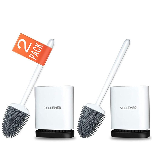 Sellemer Toilet Brush and Holder 2 Pack for Bathroom, Flexible Toilet Bowl Brush Head with Silicone Bristles, Compact Size for Storage and Organization, Ventilation Slots Base (White)