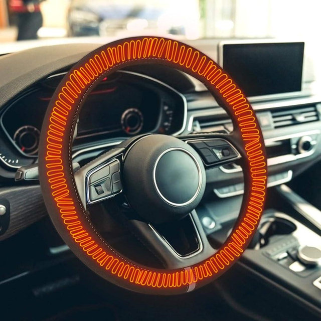 Heated Steering Wheel Cover, 15 Inch Cord Steering Wheel Heater Suede Cover USB Rechargeable Heated Steering Wheel Cover, Universal fit Wheels for Vehicles, Trucks, Vans, SUVs (Black)