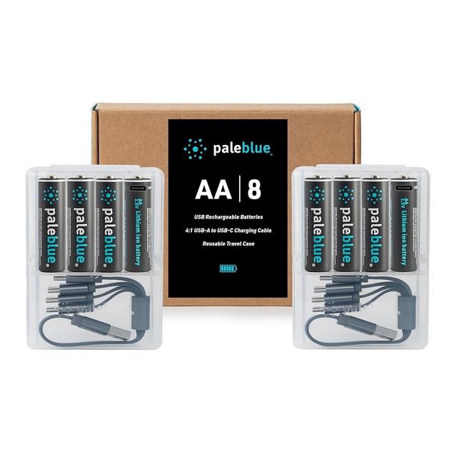 paleblue USB Rechargeable AA Batteries (8-Pack) - 2550mWh Lithium Ion, 1.5V, 1000+ Charge Cycles, Includes (2) 4-in-1 USB-A to USB-C Charging Cables, LED Charge Indicator, Quick 1.9 Hour Charging