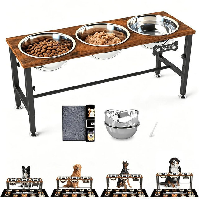 SHAINFUN Adjustable Height Elevated Dog Bowl Stand – Wooden Raised Dog Bowls with Three 101oz Stainless Steel Bowls & Mat for Large/Extra Large Dog Breeds, Stainless Steel Food & Water Station