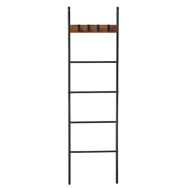 VASAGLE Blanket Ladder, 5-Tier Ladder Shelf, 17.3 x 63 Inches, Space-Saving Decorative Ladder with 4 Hooks, Metal Frame, Industrial Style, Rustic Brown and Black ULLS016B01