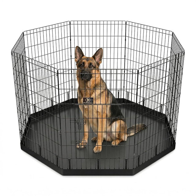 PJYuCien Dog Playpen with Bottom Pad - Metal Foldable Exercise Pen, 8 Panels 42" H x 24" W Indoor Outdoor Pet Fence Puppy Crate Kennel, Black