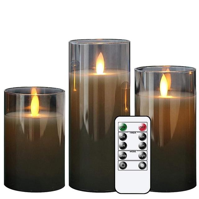 GenSwin LED Flameless Flickering Battery Operated Candles with 10-Key Remote Control, Real Wax Moving Wick Pillar Glass Candles for Festival Wedding Christmas Home Party Decor(Pack of 3, Gray)