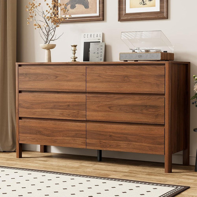 Furniway 55" Mid-Century Modern Dresser for Bedroom, 6 Drawer Wide Chest of Drawers with Solid Wood Legs, Large Storage Bedroom Dresser, Walnut
