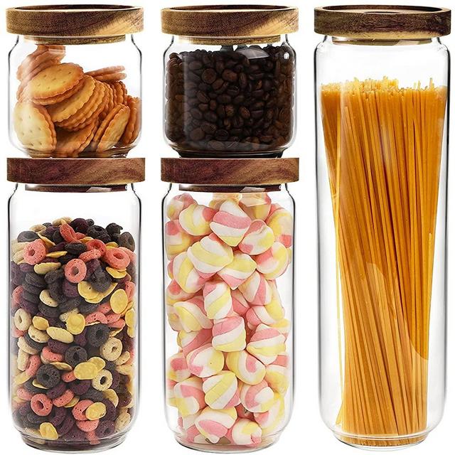 Bekith Set of 5 Glass Canisters for Kitchen, Glass Storage Jars with Airtight Acacia Wood Lid, Stackable Clear Glass Food Storage Containers for Coffee Beans, Flour, Sugar, Rice and Spaghetti