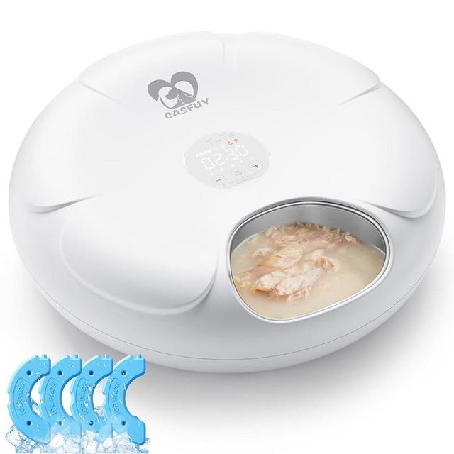 Casfuy Automatic Cat Feeder Cordless - Automatic Cat Food Dispenser with Stainless Steel Tray for Wet Food Rechargeable Auto Feeder for Cats Small Dogs with Programmable Timer Low Battery Indicator