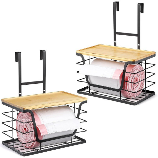 CACHOLIV 2-Pack Trash Bag Holder - Extra Large Garbage Bag Holder with Stackable Bamboo Top, Adjustable Hooks for Cabinet Door - Organizers in Kitchen/Pantry/Laundry Room