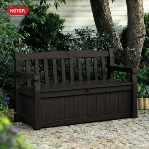 Keter Solana 70 Gallon Storage Bench Deck Box for Patio Furniture, Front Porch Decor and Outdoor Seating – Perfect to Store Garden Tools and Pool Toys, Brown/Brown