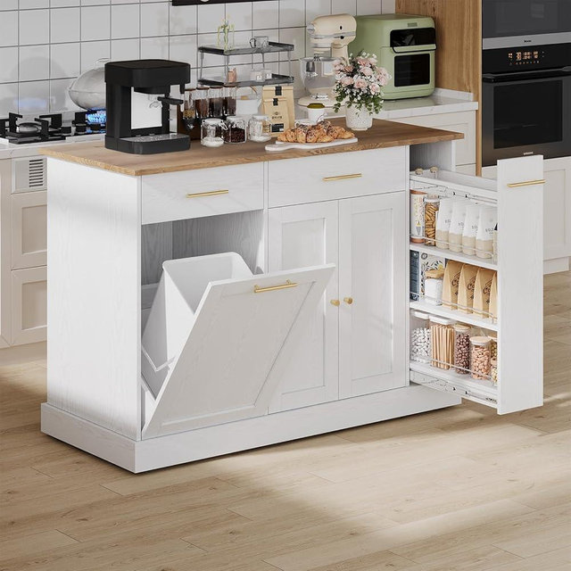 4 EVER WINNER Kitchen Island with Trash Can, 53" Rolling Kitchen Island with Storage and 3-Large Spice Racks, Portable Kitchen Island with Adjustable Shelves, White