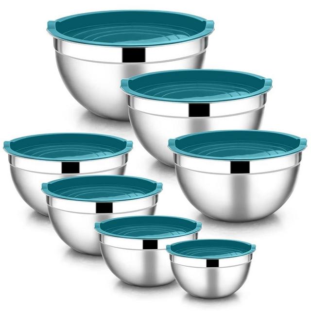 E-far Stainless Steel Mixing Bowls with Airtight Lids, 7-Piece Metal Nesting Bowls with Blue Lids for Saving Storage Space, Size 7, 4.5, 3, 2.1, 1.5, 1.2, 0.7QT, Great for Baking/Cooking/Prepping