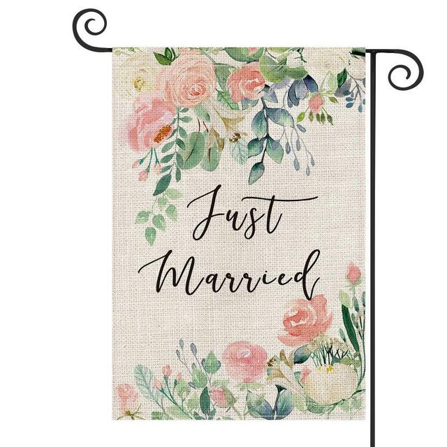 AVOIN Just Married Watercolor Rose Lily Flower Garden Flag Vertical Double Sized, Wedding Anniversary Spring Summer Holiday Party Yard Outdoor Decoration 12.5 x 18 Inch