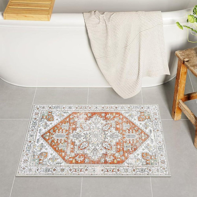 Bathroom Rugs Vintage Boho Bath Mats For Bathroom Light Orange Small Bath Mat Comfy Velvet Non Slip Bath Rug Washable Bath Mat Shower Rug For Sink Shower Vanity 18X24 Inch (orange, 18X24 Inch)