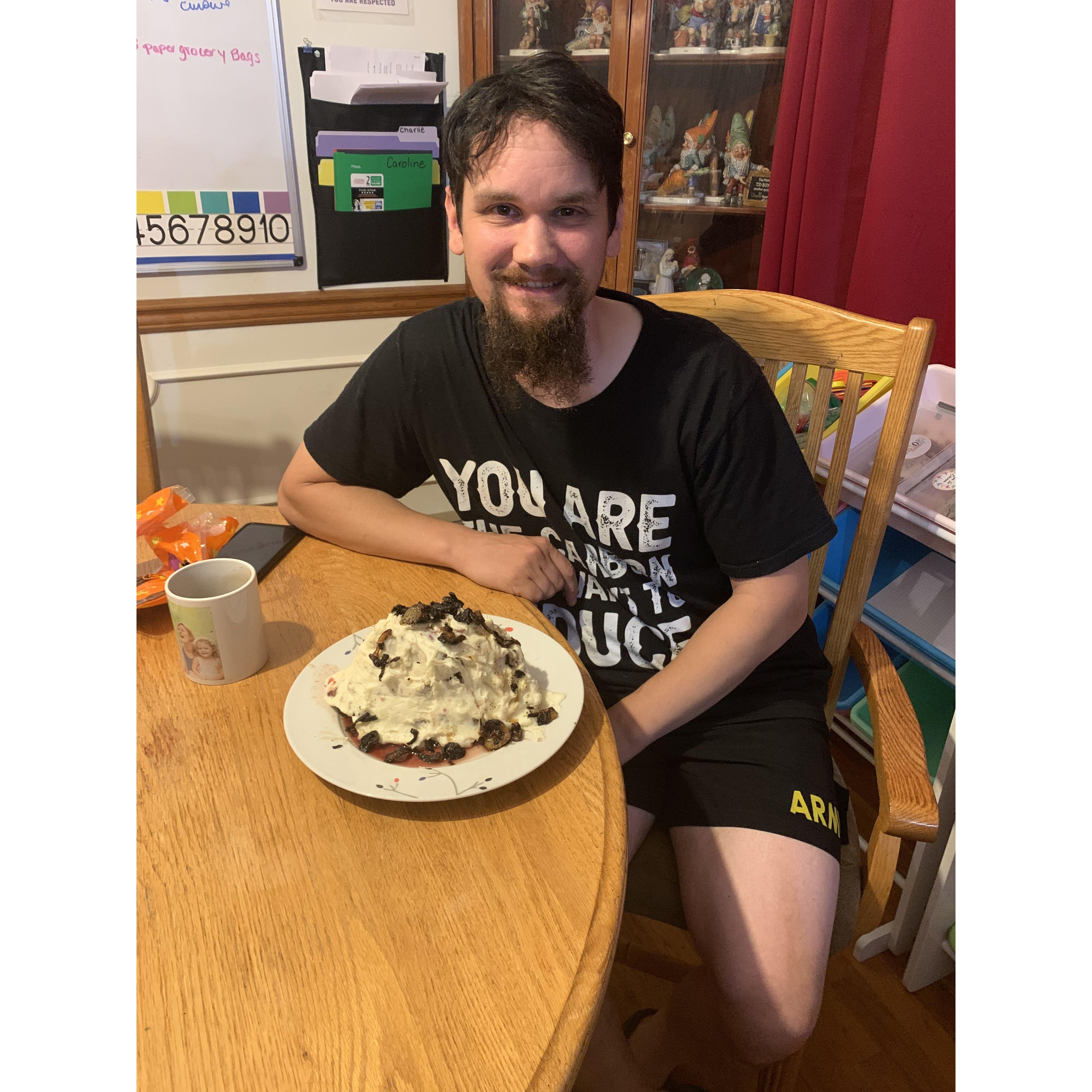 when you husband does not eat cake and requests a steak cake frosted in mashed potatoes and sprinkled with fried onions... LOL!