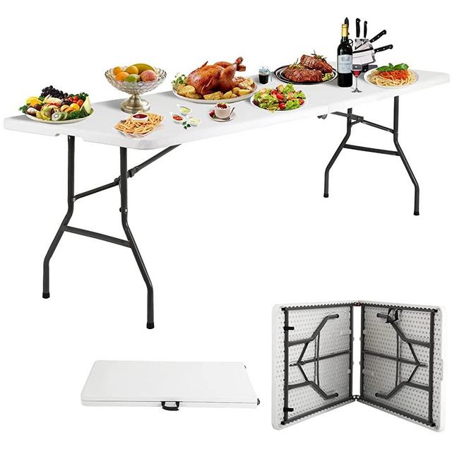 HKLGorg Folding Table 8 Ft Heavy Duty Fold Up Table Camping Working Table Indoor Outdoor Plastic Folding Table Utility Party Dining Table Easy to Assemble with Lock Function White
