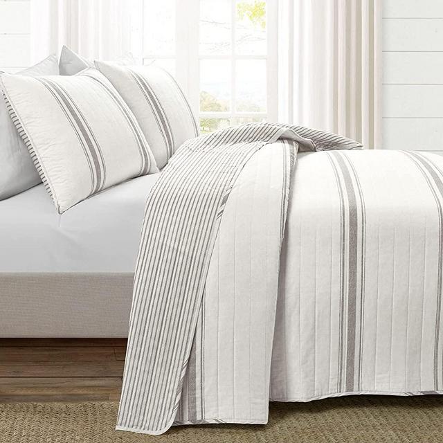 Lush Decor Farmhouse Stripe 3 Piece Quilt Set, Full/Queen, Gray