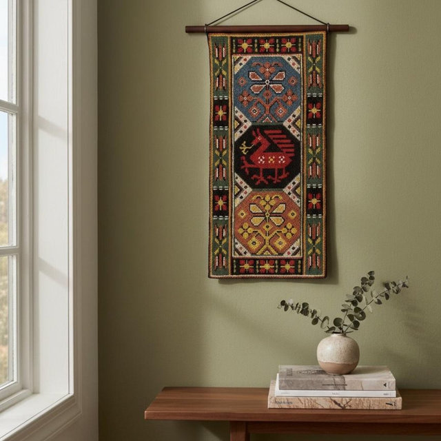 Vintage Scandinavian Cross Stitch Wall Hanging – Dragon Motif Textile Art