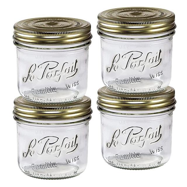 Le Parfait Familia Wiss Terrine | 16oz Pint (Pack of 4) 500ml Wide Mouth French Glass Jar w/ Airtight 2-Piece System Gold Lids | Ideal for Canning, Food Storage, Meal Prep, Cake Jar & DIY Crafts