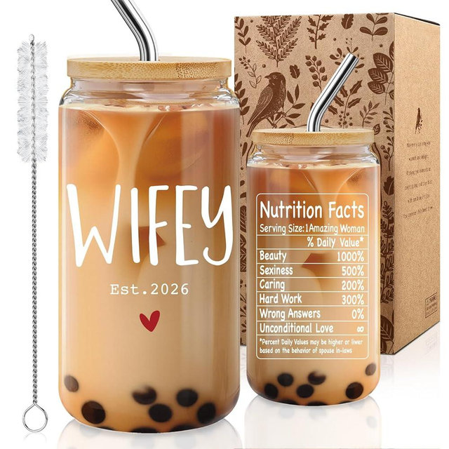 Wedding Gift Glass Cup for Bride - 2026 'Wifey' Glass Tumbler with Bamboo Lid & Straw, 16oz Bridal Shower, Engagement & Honeymoon Gifts for Wife, Newlywed Present, Christian Marriage Cup -m4
