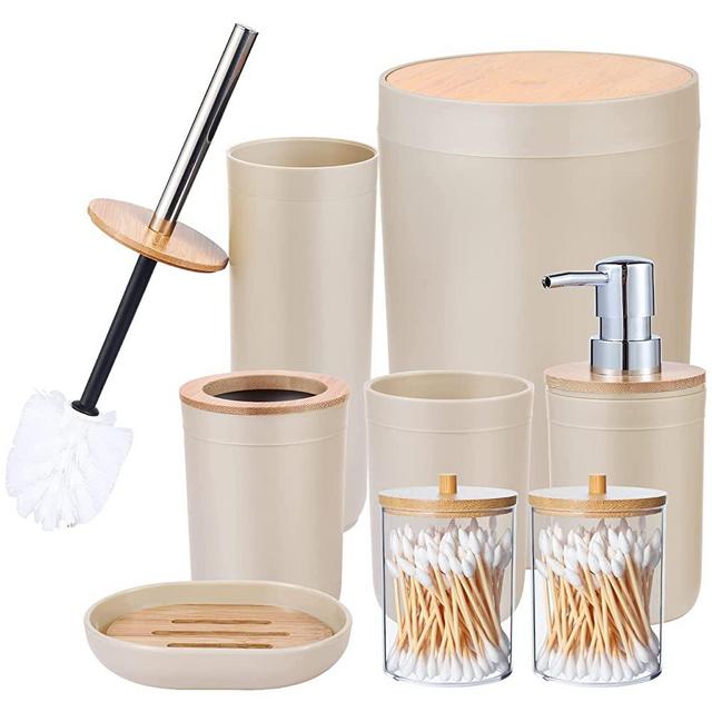 iMucci Bathroom Accessories Set - with Trash Can Toothbrush Holder Soap Dispenser Soap and Lotion Set Tumbler Cup(8Pcs Beige Bamboo Cover)