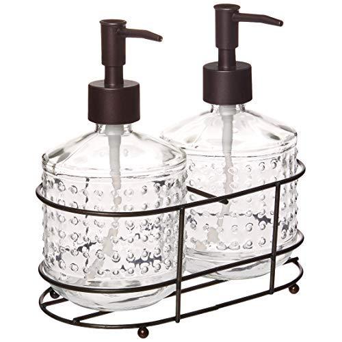Circleware 32473 Vintage Hobnail Bronze Dispenser Bottle Pumps in Metal Caddy 3-Piece Set of Home Bathroom Accessories, Farmhouse Decor for Essential Oils, Lotions, Liquid Soaps 17.5 oz Clear