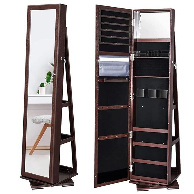 YITAHOME 360° Rotating Jewelry Cabinet Armoire 3-in-1 Jewelry Organizer Free Standing with Higher Full Length Mirror,Inside Makeup Mirror,Rear Storage Shelves, Walnut