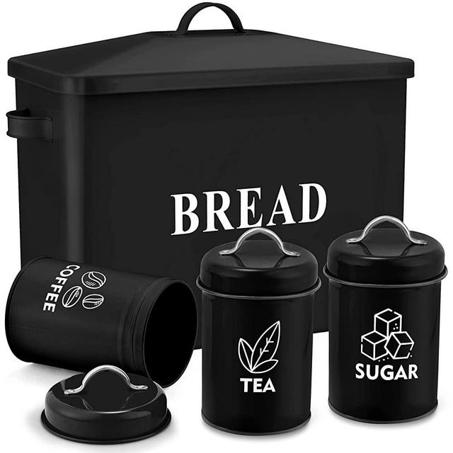 Bread Box with Canisters Set for Kitchen Countertop, Homikit Metal Black Bread Holder Container Bin with Lid, Extra Large Stainless Steel Loaf Storage with Sugar Tea Coffee Tin for Farmhouse Decor