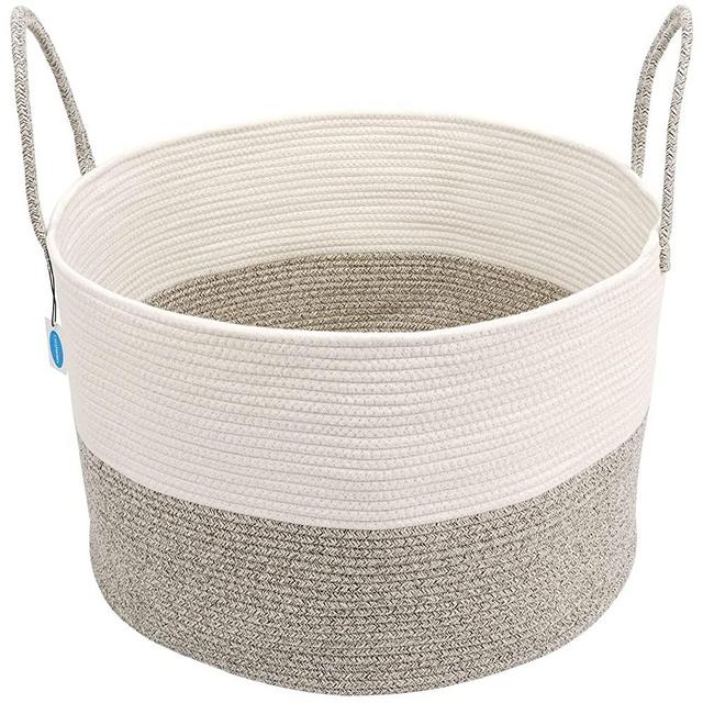 Casaphoria Storage Basket, Size XXXL : 100% Cotton Rope Hamper with Handles :: Sturdy Bin Organizer for Laundry, Blankets, Pillows & More, 22" x 22" x 14", White/Beige