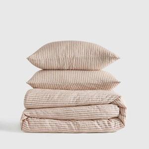 European Linen Duvet Cover Set - Full/Queen - Latte/White Stripe