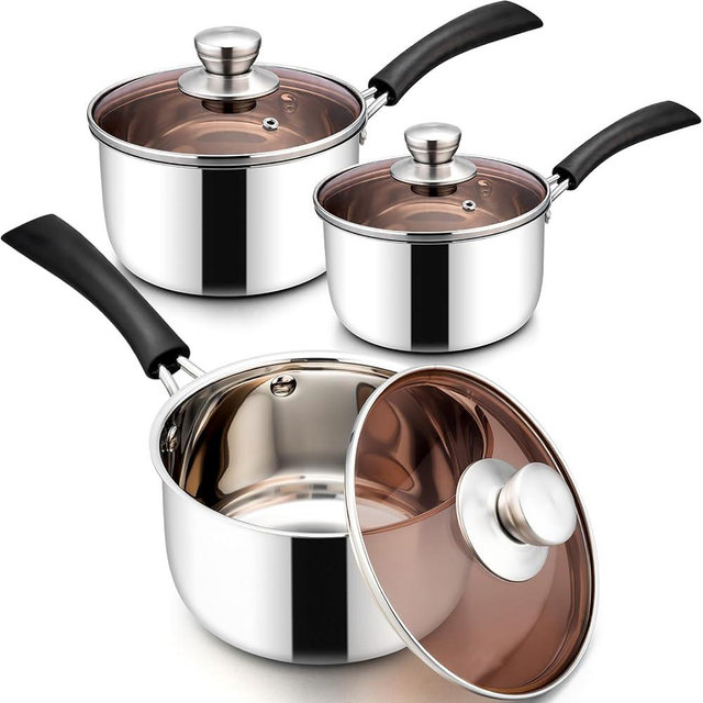 18/10 Stainless Steel Saucepan Set of 3, Leonyo 1QT & 2QT & 3QT Nonstick Sauce Pan with Lids, Small Cookware Pots and Pans for Kitchen Cooking, Stay-Cool Handle & Heat Even, Silver