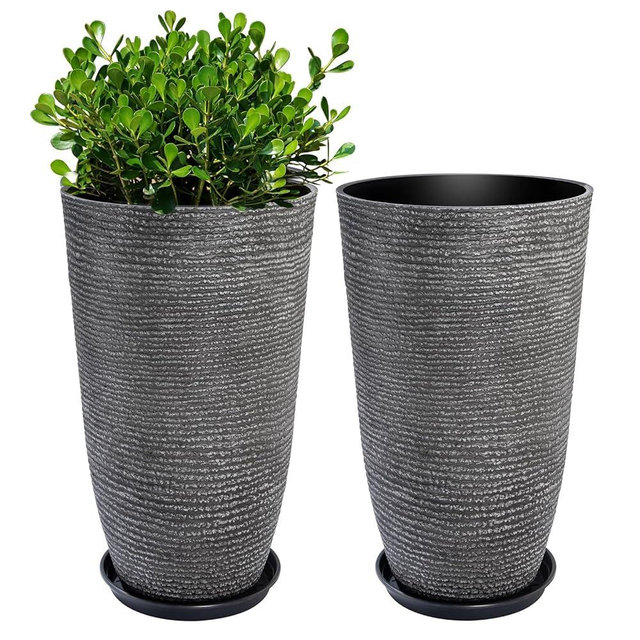 QCQHDU Large Tall Dark Gray Planters Set of 2-9 Gallon 12" Round Outdoor Planters for Front Door & Patio, Faux Stone Indoor Plant Pots with Tray, Porch Decor Plant Containers