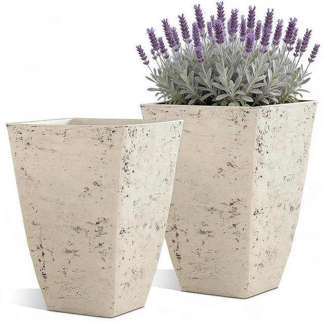 Autodaya 19" Plant Pots Tall Planters for Plants Outdoor Set of 2 Large Square Flower Pots Indoor Front Porch Decor Garden Pot with Drainage Hole Handmade Birch Bark Texture for Patio, Country White