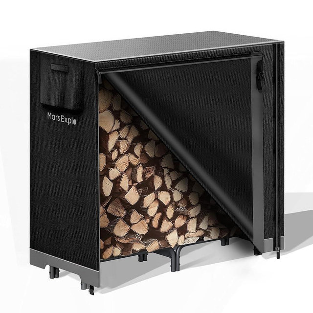 Mars Explo 4ft Firewood Log Rack with Cover Outdoor, Heavy Duty Indoor Outdoor Firewood Storage Log Rack with Cover Combo Set Black