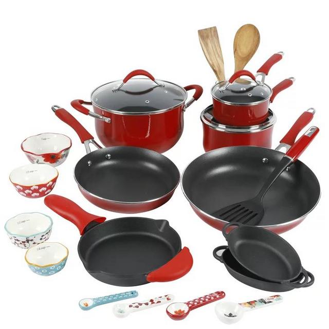The Pioneer Woman Frontier Speckle 24-Piece Aluminum Non-stick Cookware Combo Set, Red