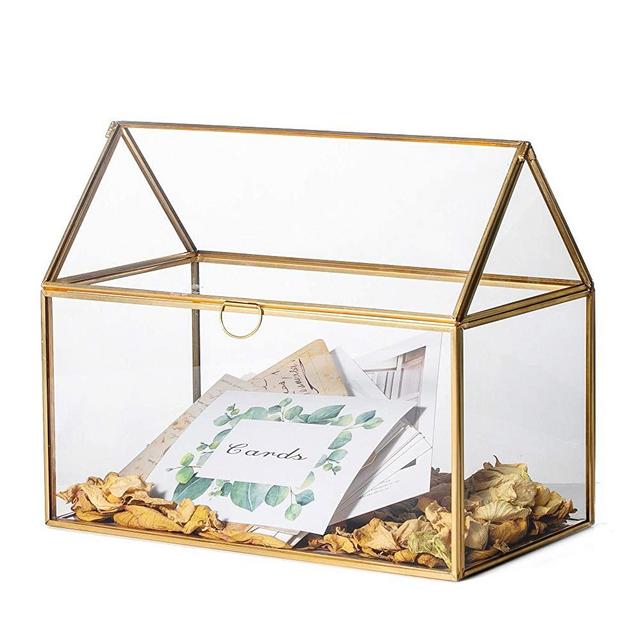 NCYP Upgraded Reinforced Glass Version, Large Geometric Glass Card Box Terrarium, Gold, Handmade, Brass, House Shape,for Wedding Receiption, Wishwell, Keepsake Centerpiece, Sturdy, Glass Box Only