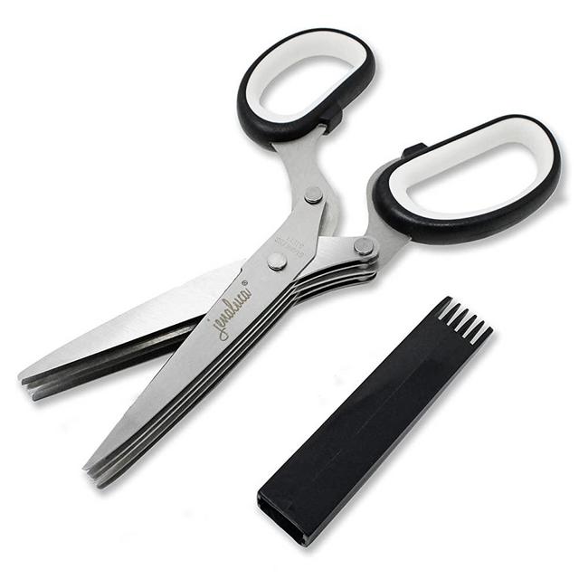 Jenaluca Herb Scissors with 5 Blades and Cover - Cool Kitchen Gadgets - Cutter, Chopper and Mincer - Sharp Heavy Duty Shears for Cutting, Shredding and Cooking Fresh Garden Herbs (Black)