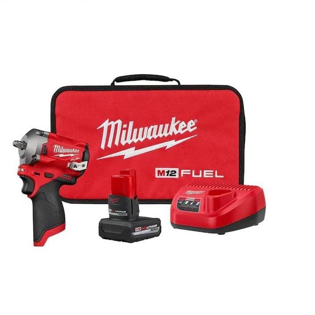 Milwaukee M12 FUEL 12-Volt Lithium-Ion Brushless Cordless Stubby 3/8 in. Impact Wrench Kit with (1) High Output 5.0 Ah Battery