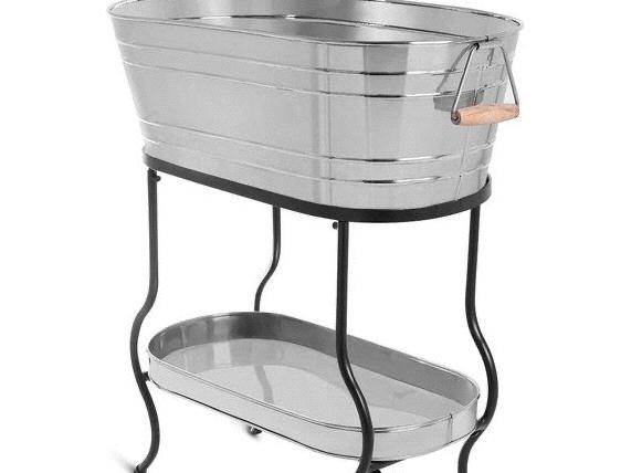BIRDROCK HOME Stainless Steel Beverage Tub with Stand - Oval - Bottom Tray - Party Drink Holder - Wooden Handles - Outdoor or Indoor Use - Free Standing