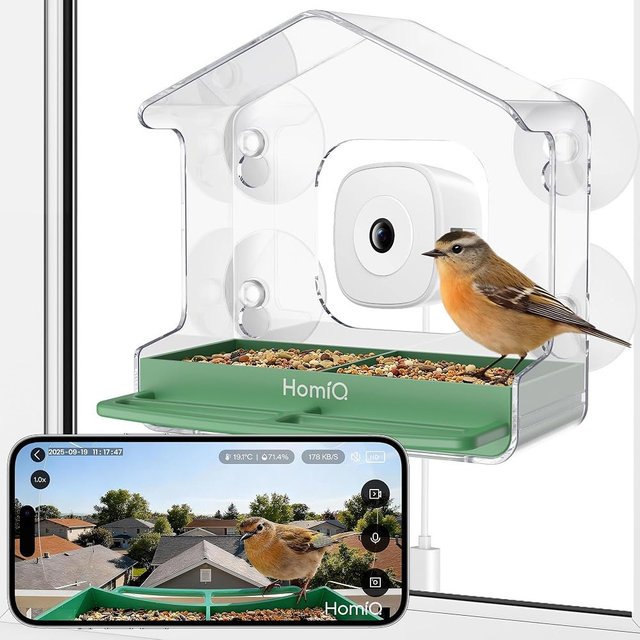 HomiQ Life Smart Bird Feeder with Window Camera, 2K HD Camera for Window Viewing, AI BirdSpecies Recognition & Instant Alerts, Sturdy Acrylic Outdoor, Alexa Compatible, Gift for Bird Lovers