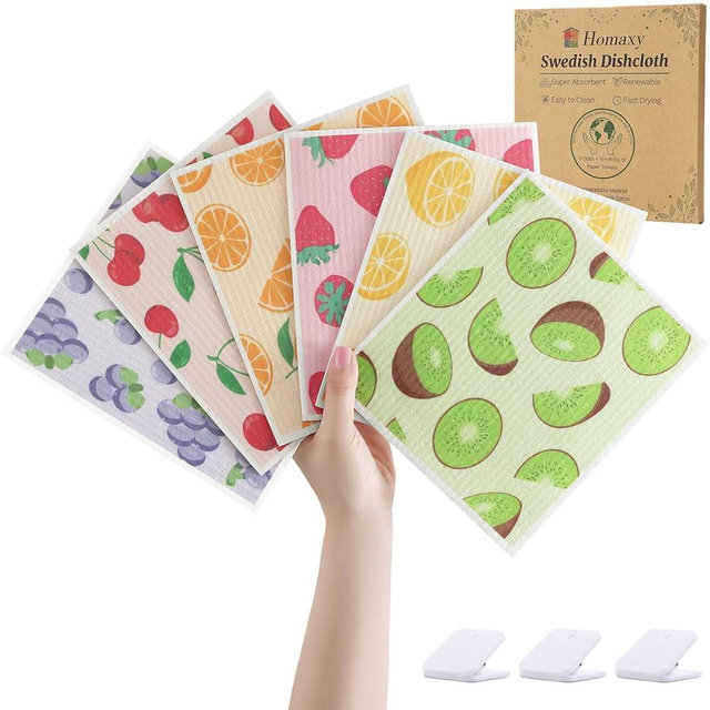 Homaxy Swedish Dishcloths for Kitchen, 6 Pack Fruit Reusable Paper Towels with Clips, Absorbent Cellulose Sponge Dish Cloths for Washing Dishes, Non-Scratch & Odor-Free Dish Rags