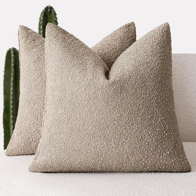 Foindtower Pack of 2 Textured Boucle Throw Pillow Covers Neutral Accent Solid Decorative Pillow Cases Cozy Woven Couch Cushion Case for Sofa Bedroom Living Room Home Decor 20x20 Inch Light Khaki Tan