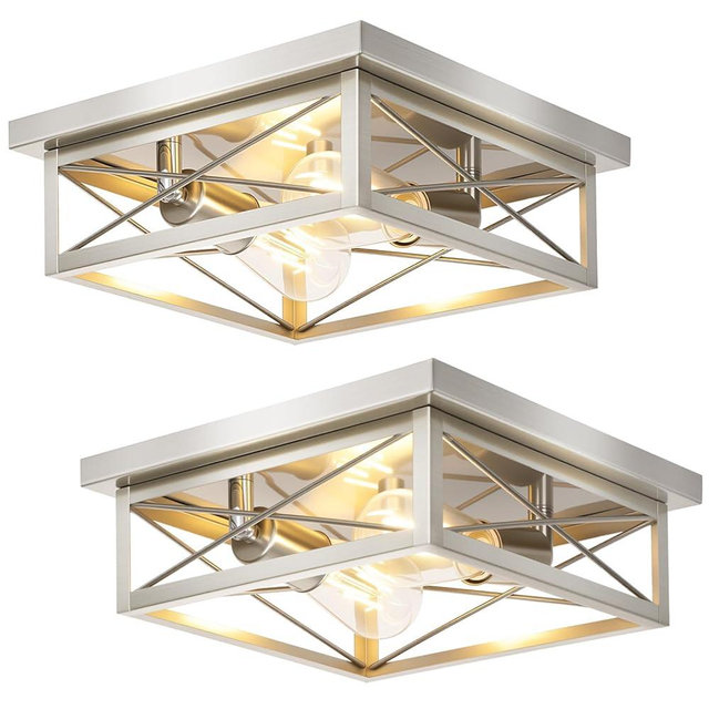 Brushed Nickle Hallway Light Fixtures, 2-Light Modern Farmhouse Flush Mount Ceiling Lights, 2-Pack Chrome Kitchen Light Fixtures, Square Close to Ceiling Lights for Bedroom Living Room Entryway