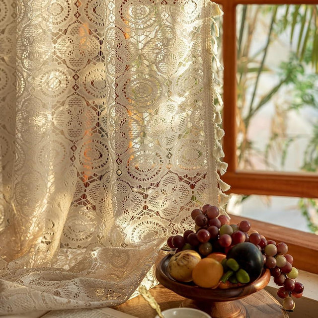 YJ YANJUN Boho Crochet Curtains with Tassel 63 Inch Length 2 Panel Sets Vintage Floral Pattern Lace Sheer Drapes Rod Pocket Privacy Cottage Curtains for Bedroom Living Room Bay Window W59 x L63 Beige