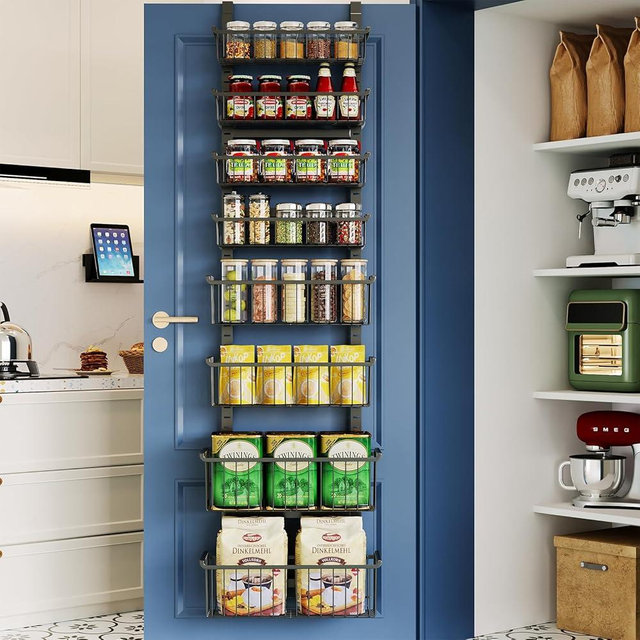 Over The Door Pantry Organizer, 8-Tier Over The Door Organizer with Adjustable Baskets, Metal Hanging Spice Rack for Pantry Organizers and Storage, Suitable for Kitchen Laundry Room & Bathroom, Black