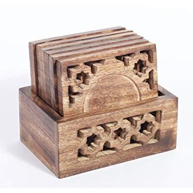 Rusticity Wood Coaster Set of 6 with Holder for Beer and Other Drinks - Antique Design | Premium Quality | Handmade | (4.8x4 in)