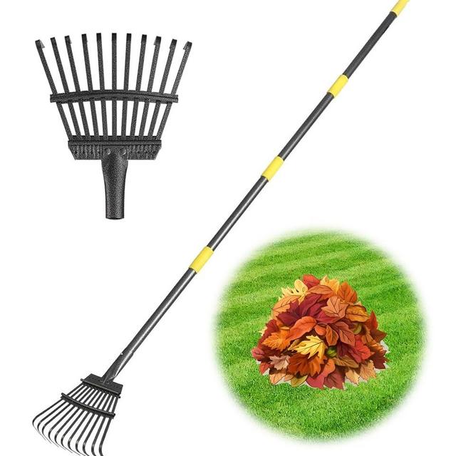 Rake for Leaves, Small Leaf Rake for Garden, 70-inch Adjustable Metal Rakes-Tool with 11 Steel Tines for Gardening, Yard, Shrub, Flower Beds, Lawns