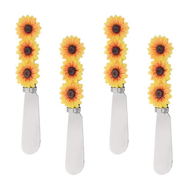 Mr. Spreader 4-Piece Sunflowers Hand Painted Resin Handle with Stainless Steel Blade Cheese Spreader, for Flower Lover, Cheese Lover, Everyday Use, Party, Wedding and Birthday