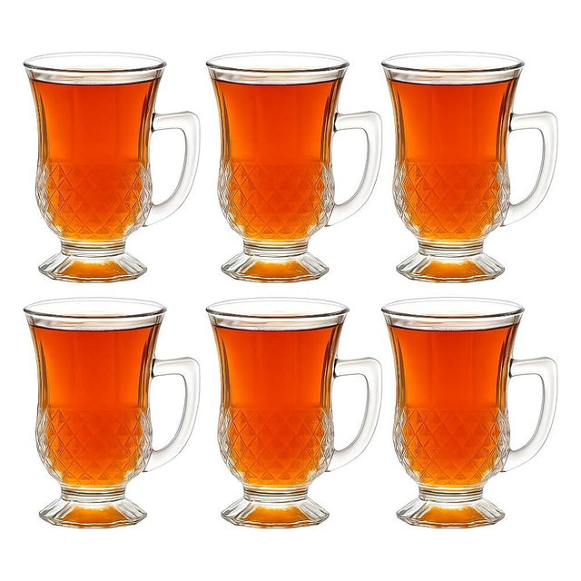yersiz Footed Turkish Tea Glasses With Handle, Set of 6 Cups, Crystal Clear Tea and Latte Glasses, Slim Waist Design and Thick Sole Prevent the Drinks From Getting Cold, Dishwasher Safe, 5.5 oz
