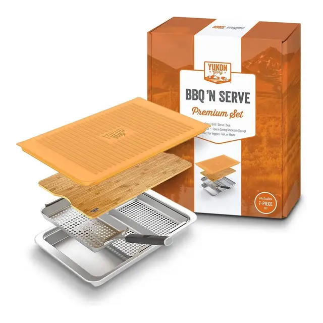 Yukon Glory BBQ 'N SERVE Premium Set, Includes 3 Grill Baskets, Serving Tray, Bamboo Cutting Board, Plastic Lid and Clip-on Handle
